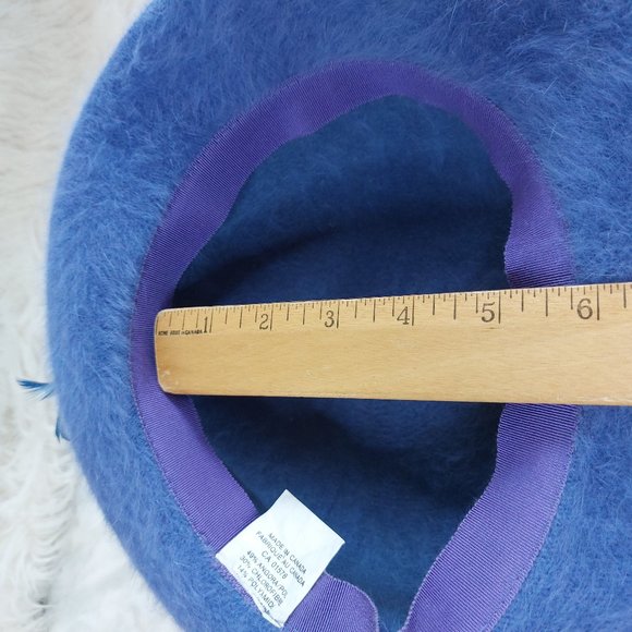 Vintage Women's Blue Fuzzy Soft Angora Fur and Feather Fedora Hat Made in Canada - Picture 5 of 7